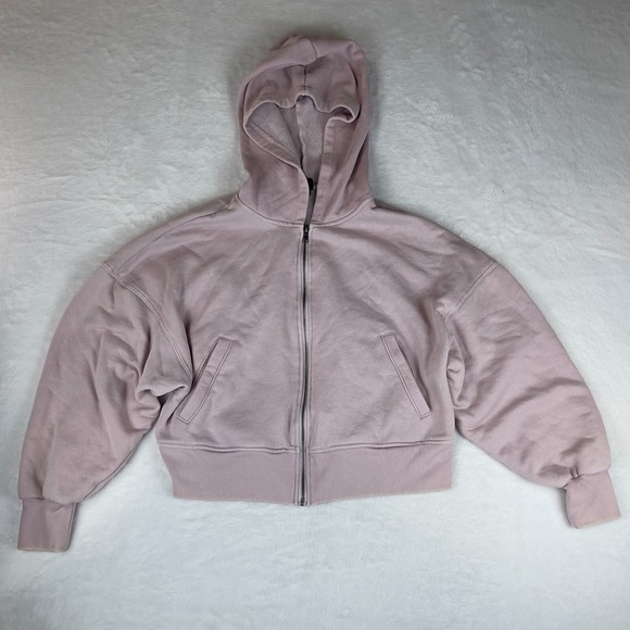 Wild Fable Cropped Hoodie Women's Medium Pink Fleece Lined Ribbed Hem Zip-Up - Picture 2 of 4